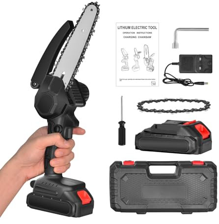 Mini Tronçonneuse à Batterie 6 Pouces, Tronçonneuse Électrique avec 2 Batteries, Tronçonneuse Électrique Sans Fil, 2 Chaînes, 5m/s Tronçonneuse à Main pour la Coupe du Bois, l'élagage le Jardin