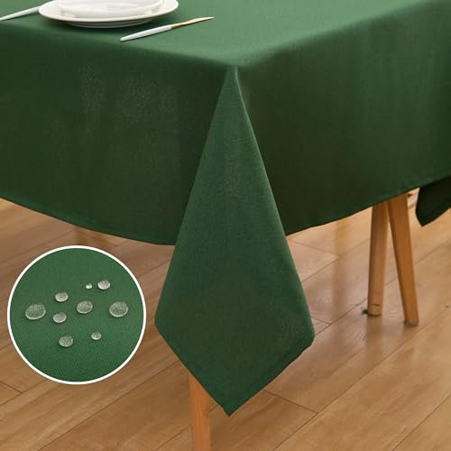 ATsense Tischdecke Abwaschbar Leinen Optik, Tischdecken Outdoor in Dunkel Grün, Wasserabweisend Schmutzabweisend, Bügelfrei, Leinendecke Tischtuch Rechteckig 140x180 cm