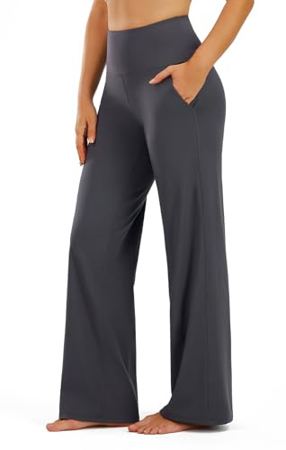 PERSIT Yoga Pants Straight Wide Leg Trousers for Women - High Waist Stretch Tummy Control Pants Yoga Trousers 29'' Suitable for Gym, Casual, Jogging, Yoga MixGrey S