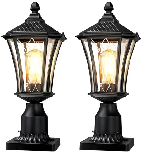 YSN Outdoor Post Lights 2 Pack, 16 Lamp Post Light Fixture, Black Pole Lights Outdoor, Waterproof Lamp Posts Outdoor Lighting with Pier Mount Base, Anti-rust Post Lamps for Outside Yard Garden Garage