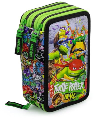 L'ERBAVOGLIO - TARTARUGHE NINJA - ASTUCCIO SCUOLA 3 ZIP ORIGINALE TARTARUGHE NINJA - COMPLETO DI 44 PEZZI (VERDE/NERO)