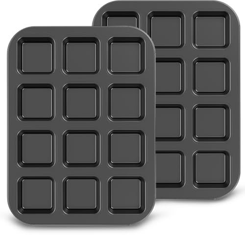 12 Cavity Square Muffin Tin Tray, Non-Stick Mini Muffin Baking Pan, Carbon Steel Square Muffin Moulds, Mini Cupcakes Cake Mold for Oven Baking (Grey,2PC)
