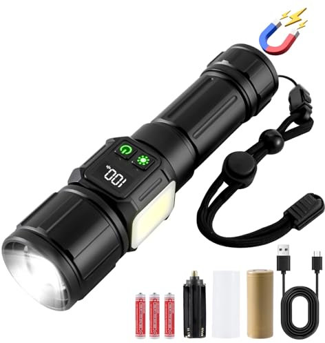 YIIFELL Torcia LED Potente Professionale 500000 Lumens, Torcia LED Ricaricabile USB Con Display LCD, 9 Modalità Zoomabile Magnetica Torce Led Alta Potenza con Lampada Da Lavoro COB