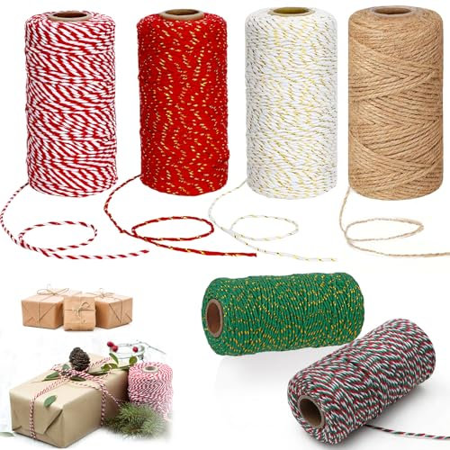 6 Rolls Christmas Twine String for Gift Wrapping, 2mm 600M Red and White Butchers Cord, Durable Bakers Rope for Crafts, DIY and Decoration