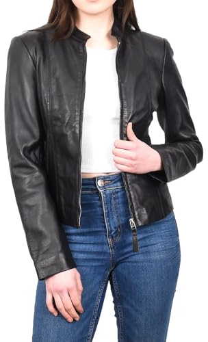 Chaqueta de motociclista clásica de piel auténtica para mujer, con costuras ajustadas, color negro Eulalia, Negro, 38