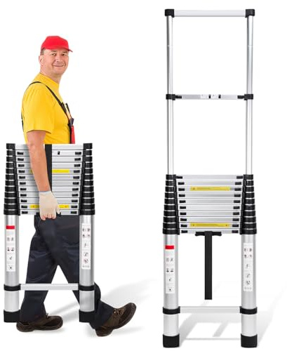 Cecaylie 5m Teleskopleiter, Aluminiumleiter Ausziehbare Leiter mit rutschfesten Füßen, Mehrzweckleiter für Dachboden, Stehleiter, Tragbar Leichte Leiter 150 kg Belastbarkeit