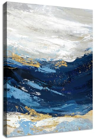 WENGTIAO Abstrait Minimaliste Bleu Tableau Decoration Murale Encadré Toile Peinture Vague de Mer Bleu Marine Gris Or Decoration Murale Salon Maison Deco Chambre Prêt à Accrocher 30x40cm