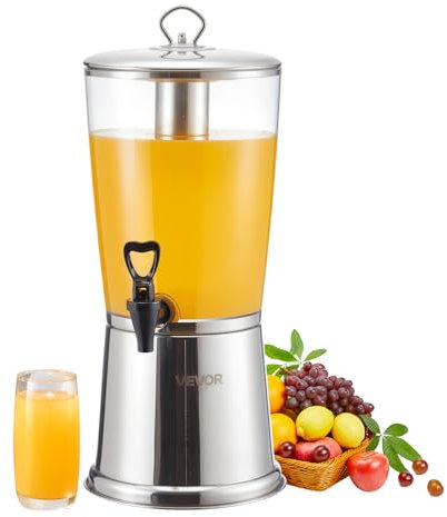 VEVOR Distributeur de Boissons Capacité 8 L, Fontaine à Eau en Acier Inoxydable et Plastique, avec Robinet et Compartiment à Glace, Distribution de Jus Limonade Thé Glacé, pour Restaurants Cafés