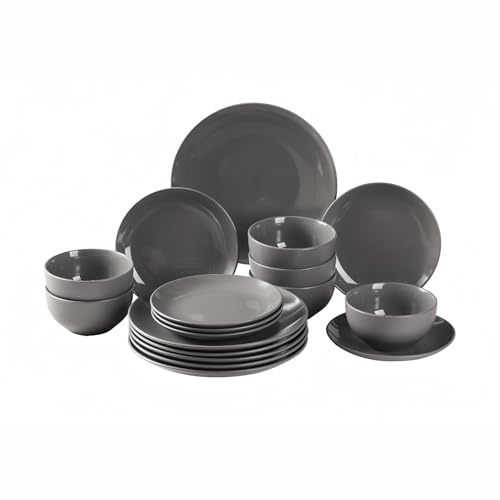simpa 18PC Grey Glazed Ceramic Stoneware Dinner Set. 6 Dinner Plates, 6 Side Plates & 6 Bowls. Dishwasher & Microwave Safe.