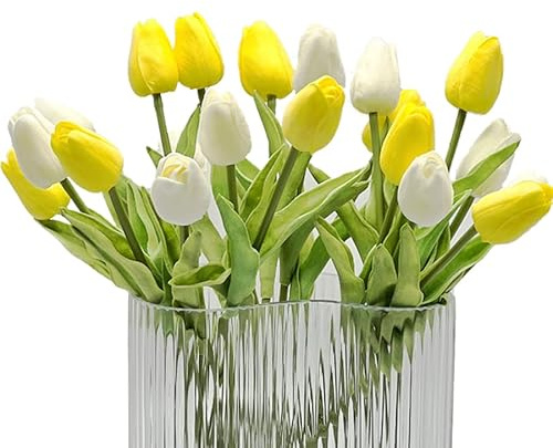 HEPENG Real Touch Tulpen Set | 20 Kunstblumen in Weiß & Gelb (32 cm) | Wetterfeste Deko für Hochzeit, Balkon & Büro | UV-Beständig & Schimmelresistent