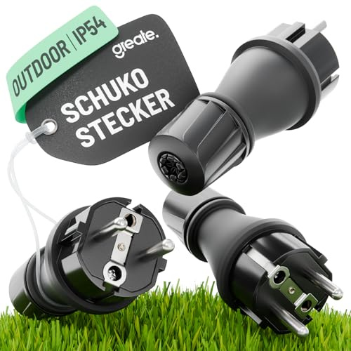 greate 3x 230V Schuko Stecker wasserdicht nach IP54 - Schukostecker Außenbereich mit Knickschutz & Zugentlastung - Schutzkontaktstecker 2-polig mit 16A & 3,7kW - Schuko Stecker IP54, Stecker 230 V