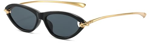 YAMEIZE Retro Cat Eye Sunglasses for Women Vintage Small 90S Oval Cateye Sunglasses Gold Frame UV400 (Black Black)