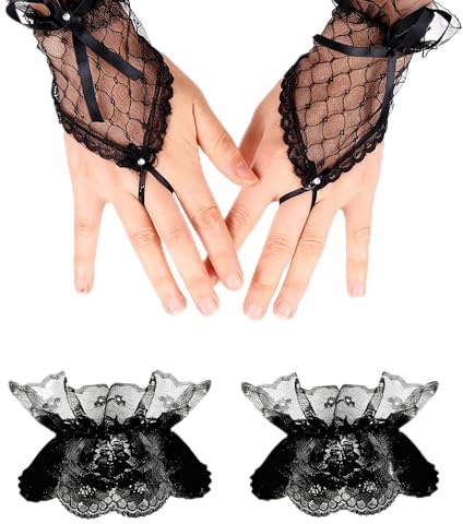 COZERI 2 pares de guantes de encaje negro y puños de muñeca, guantes sin dedos, mangas falsas, accesorios de vestido gótico Lolita, fiesta de Halloween, graduación, cosplay, baile de máscaras, novia