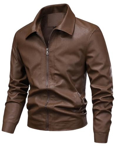 Générique Blouson Moto Homme Hiver Veste Cuir Blouson Col à Revers Vestes de Travail Jacket d'Extérieur Coat Classique Manteau Mode Bombers Color Unie Manteaux Minimaliste Hauts Brun L