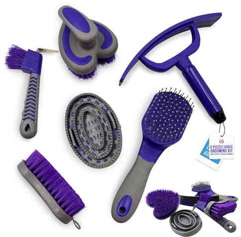 6pc Horse Grooming Kit Set - Complete Pony Grooming Kit Horse Set with Hoof Pick, Mane & Tail Cleaner, Body Soft Brush, Sweat Scraper, Dandy Brush, Curry Comb - Essential Equestrian Gifts