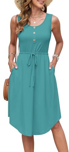 AUSELILY Abiti Estivi Donna Senza Maniche con Coulisse Vestito Estivo | Vestiti Girocollo Abito da Spiaggi Vestitino Midi Elegante Vestitini Casual con Tasche