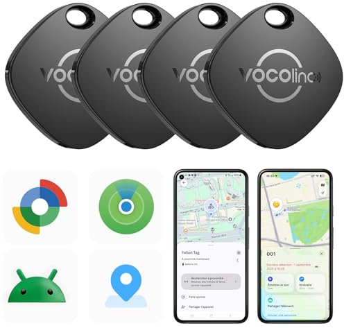 VOCOlinc Smart Tag Tracker Compatibile con Android Google Funzioni Trova o iOS Apple Dov'è App, Bluetooth Localizzatore Trova Oggetti per Chiavi/Portafoglio/Bagaglio/Zaino Borsa, 4 Pezzi Nero