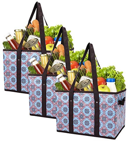 Foraineam Reusable Grocery Bags Set Durable Heavy Duty Tote Bag Collapsible Grocery Shopping Box Bag with Reinforced Bottom, Pack of 3