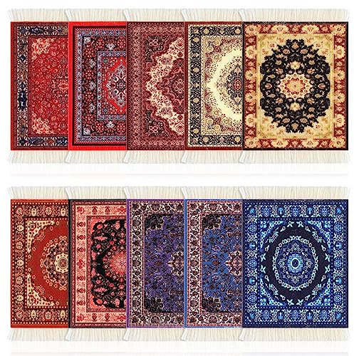 Preboun 10 Pieces Rug Table Coasters Oriental Table Drink Holders Tassel Carpet Coasters Oriental Design Fabric Carpet Drink Mats for Coffee Table Desk Mug Cup Kitchen Bar Decor, 10 Mix Colors