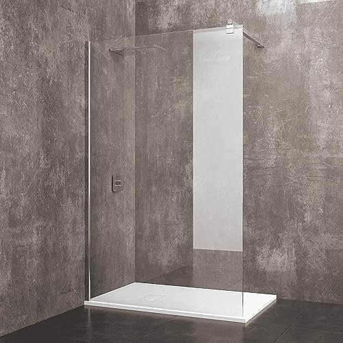 Parete Doccia Fissa Walk In Cabina Box Bagno Con Barra Stabilizzatrice Anta In Cristallo Temperato Trasparente da 8 mm Reversibile Profilo A Muro In Alluminio Anodizzato Praia (110 x 195 Cm)