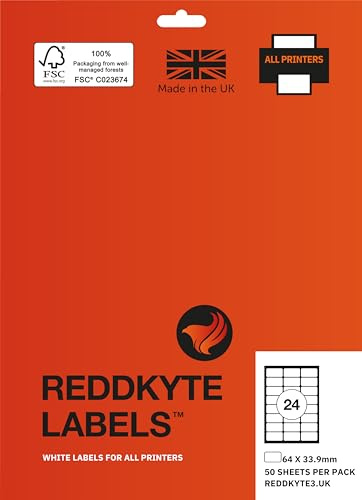 Reddkyte Multipurpose White Labels - Pack of 50 Sheets, 64 X 33.9 mm, 24 Labels per Sheet, for Inkjet and Laser, FSC Certified, Made in the UK