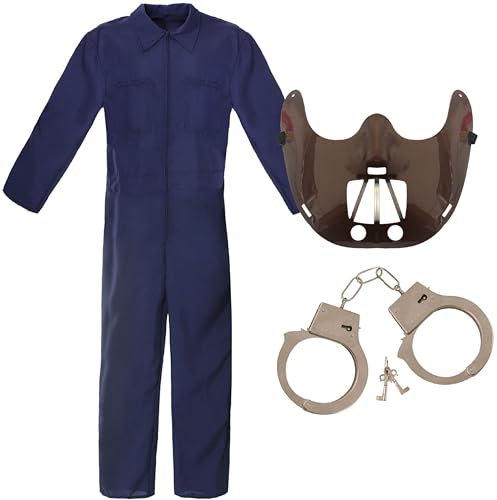 Adults Cannibal Doctor Costume - X-Large - Navy Blue Boiler Suit, Fake Handcuffs and Brown Restraint Mask - Adults Halloween TV Film Fancy Dress Costume