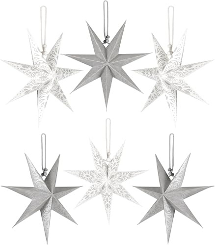 BRUBAKER 6 Estrellas de Papel Navidad - Set Decoración Adviento Estrellas de Papel - Decoración Árbol Grande Estrellas - Decoración Árbol de Navidad - Estrellas Plegables 20 cm - Plateado Blanco