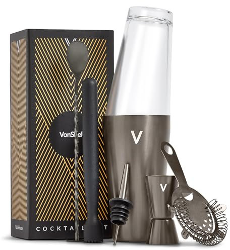 VonShef Cocktail Shaker, Graphite 6pc Set with 550ml Boston Shaker, Professional Bartender Set for Home Bar, Includes Strainer, Muddler, Jigger & Other Bar Accessories, Gift Box Included