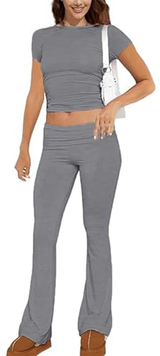 ABINGOO Tuta da Donna Casual 2 Pezzi a Maniche Lunghe Aderente Crop Top Svasati a Vita Bassa Pantaloni Lounge Set Yoga Tuta(YZ-Grigio,S)