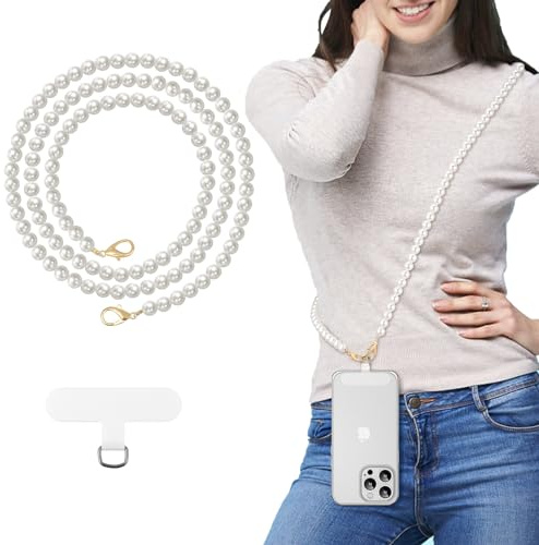 MoKo Cordino Universale per Telefono, Perla per Cellulare a Catena Crossbody Strap antifurto Staccabile per Donne Cordini per Cellulare Intorno al Collo con Toppe, Bianco