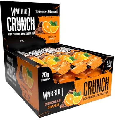 Warrior Crunch Protein Bars, Chocolate Orange 12 x 64g – High Protein Snacks (20g), Low Sugar, Low Calorie Snack Bar, Guilt-Free On-the-Go Treats, Multipack Diet Bars for Weight Loss