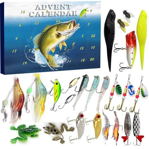 Calendario 2025 con pesca per sorprese Yuletide, 24 esche da pesca e accessori, calendario per conto alla rovescia di 24 giorni di Natale, con set di esche da pesca, per pescatori adulti, uomini