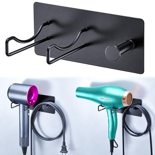 XILIMEN Hair Dryer Holder Wall Mounted, Universal Hairdryer Holder, Self Adhesive Hair Dryer Storage Stand With Power Cords Rack, Hairdryer Hook Hair Tools Organiser for Dressing Table Bathroom, Black