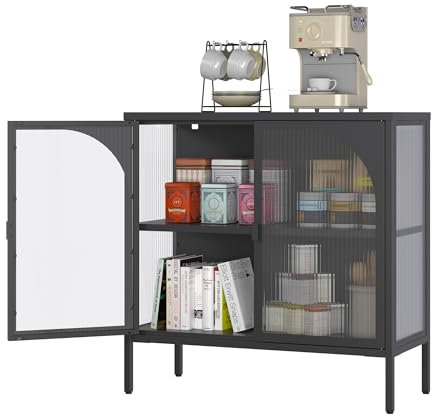 BIZOEIRON Metallschrank mit Glastüren, Sideboard Küchenschrank, Glas Vitrine Schrank mit Verstellbarem Regal, Anrichte Schrank für Küche Esszimmer Wohnzimmer, 35T x 80B x 80H cm, Schwarz