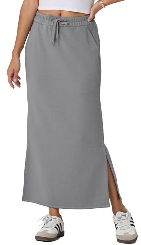 GRECERELLE Women's Maxi Skirt Elasticated Waisted Drawstring with Pockets - Long Thick Warm Skirts for Autumn and Winter; Side-Slit Hem; UK Sizes 8 to 24