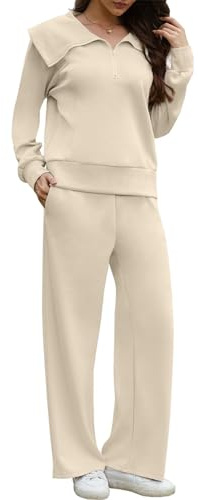 Yutdeng 2 Piezas Conjunto Chandal Mujer Invierno Otoño Pantalon y Sudadera Media Cremallera Conjunto Deporte Fitness Running Gym Chándal Mujer Completo con Bolsillos Casual Vestir Dos Piezas,Beige,XL