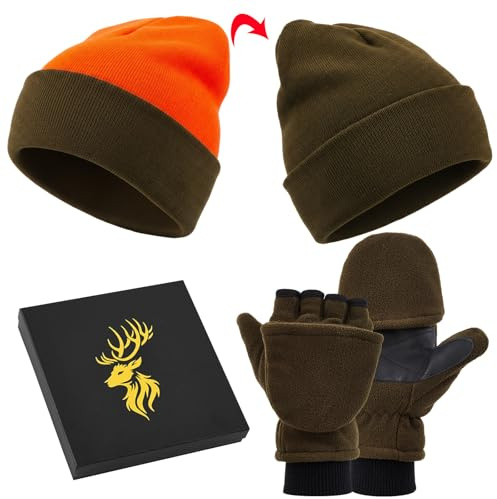 Jadive Regalo per Cacciatori Cappello Reversibile e Guanti in Maglia Muffole Convertibili con Patta Accessori Invernali Unisex per Caccia Regalo per Uomo Donna Natale Inverno Compleanno