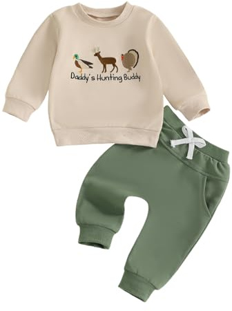 Geagodelia Ensemble Bébé Garçon 2 Pièce Sweat-Shirt Animaux à Manches Longues + Pantalon de Jogging Vêtements de Sport Enfant (Kaki Thème de la Chasse, 2-3 Years)