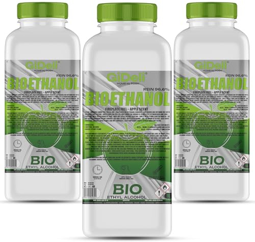 GiDeli Bioetanol 3 x 1l de manzana 96,6% etanol para chimeneas interiores y exteriores, sin humo ni hollín, de maíz y remolacha azucarera