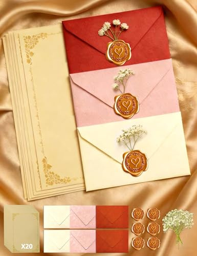 Brevpapper med Kuvert, 40 Piece Letter Writing Paper and Envelopes Sets with 20 A5 Paper, 6 Envelope & Wax Seal Stickers, 8 Dried Flowers,for Love Letter Weddings Invitation Birthday Greeting