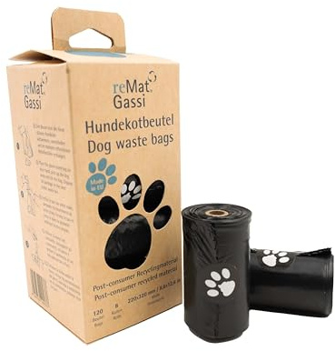 reMat Bolsas para excrementos de perros, 120 unidades, extrafuertes, hechas de 80% material reciclado, resistentes a desgarros y opacas, color negro, fabricadas en la UE