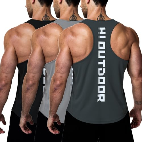 Hioutdoor Men's Fitness Tank Tops, 3-Pack Sleeveless Shirts, Breathable Quick Dry Muscle Tank Tops for Gym Training Workout Running, Athletic Functional Shirts