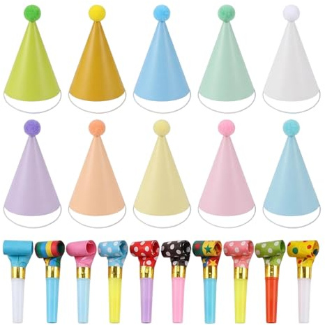 KSVFTB 20Pcs Mini Party Hats Set (10 Hats and 10 Blowouts), Paper Birthday Hats for Kids and Adults, Mini Paper Hat and Blowouts Set, Boys Girls Children's Party for Birthday, Baby Shower Decoration