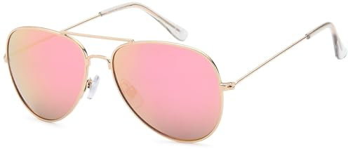 styleBREAKER Gafas de aviador para niños con marco de metal de acero inoxidable, con espejo o teñidas, Gafas de aviador, Gafas de sol 09020059, color:Dorado montura / Fucsia vidrio de espejo