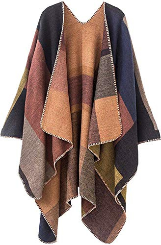 Womens Reversible Oversized Blanket Poncho Cape Shawl Cardigans (One Size, Plaid/Kakhi)