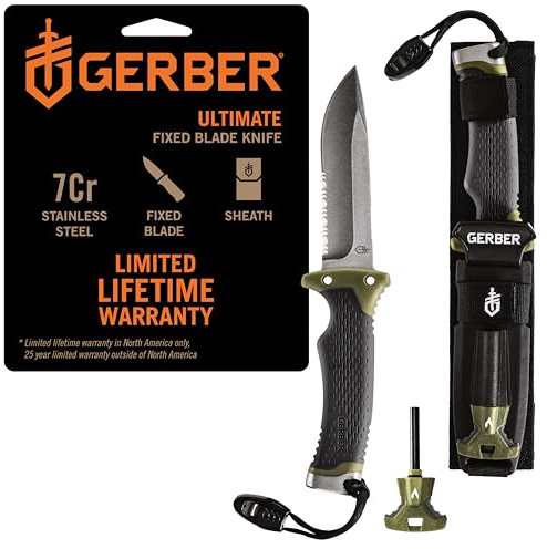 Gerber Gear Ultimate Survival Knife, Fixed Blade Knife with Combo Edge, includes Fire Starter Edge and Ferro Rod, Whistle, Sheath with Integrated Sharpener - Bushcraft, Hunting and Camping Tool