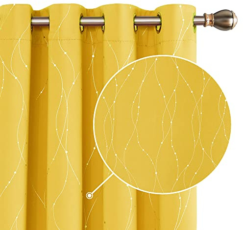 Deconovo Dot Line Decorative Super Soft Thermal Insulated Blackout Curtains for Living Room Mellow Yellow 66x72 Inch 2 Panels