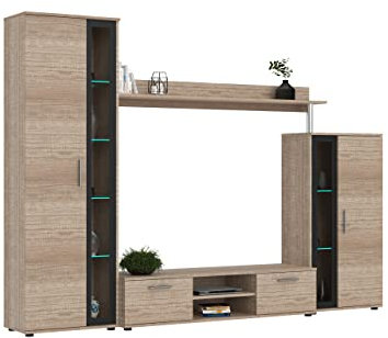 Oggi Schrankwand | Wohnwand – 4 Elemente Wohnzimmerschrank| Modernes Design, Möbel für EIN gemütliches und bequemes Zuhause, praktisch, Eiche, Country Oak grau