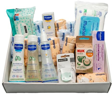 Canastilla Bebé Recién Nacido Cesta Regalo Unisex Niño Niña Kit Higiene Completo con Gel Champú Colonia Toallitas Pañales Chupetes y Broche Pack Bebé Recién Nacido Baby Shower Bautizo Mamás Primerizas