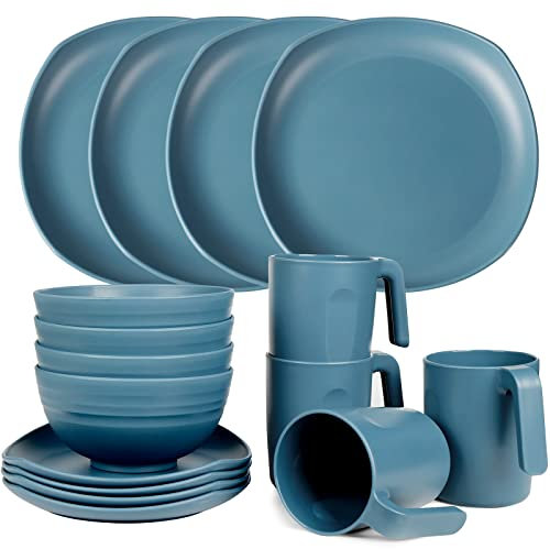 Greentainer Unbreakable Lightweight Dinnerware Sets, Plastic Dinner Set, 4 Dining Plates, 4 Bowls, 4 Cups, Microwave and Dishwasher Safe, Camping Tableware for Kids and Adults, Service for 4(Blue)